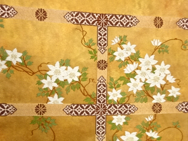  引箔変わり格子に花唐草模様織出し名古屋帯